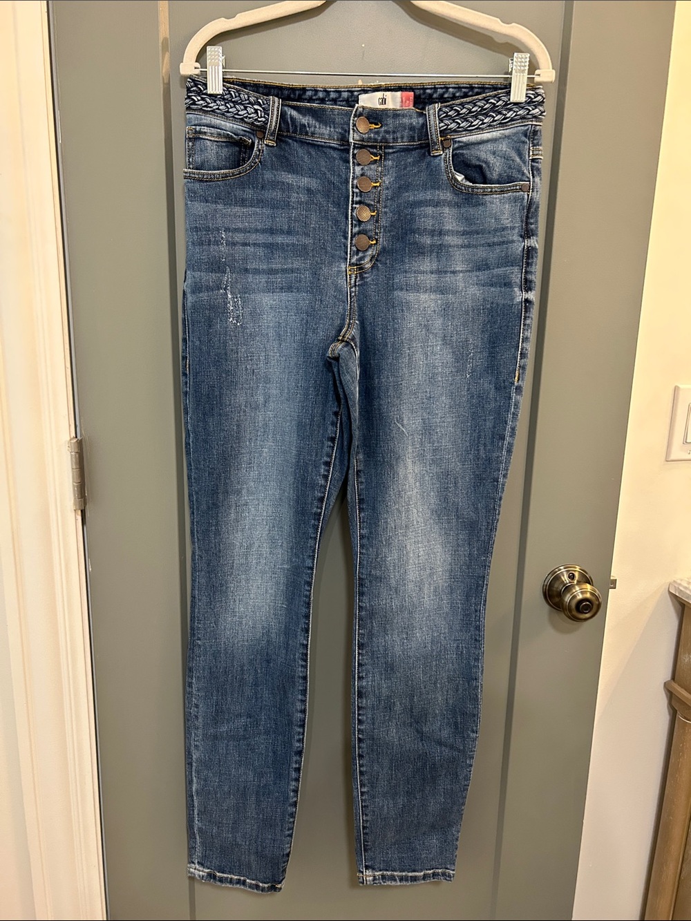 CAbi Braided-Waist High-Rise Button-Fly Jeans in Medium Blue
